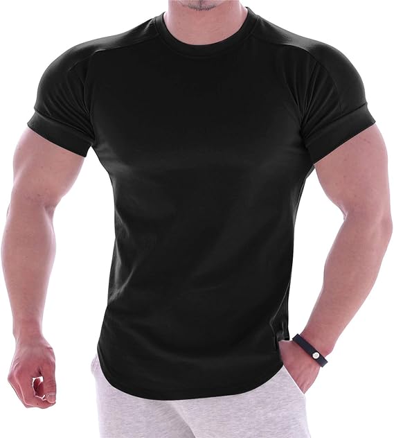 Men Round Neck T-Shirt Stretch Casual Tee Bodybuilding Athletic Shirts Muscle Tshirt Sports Basic Shirts Summer Slim Fit Solid Top Short Sleeve Lightweight Tops Quick Dry Gym Workout Fitness