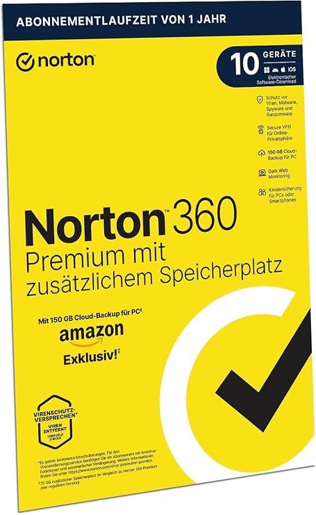 Norton 360 Premium Amazon Exklusiv* Antivirus Software 10 Geräte 1 Jahr |Aktivierungscode in Originalverpackung