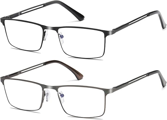 Blue Light Blocking Reading Glasses For Men with Spring Hinges Rectangular Reader Full Frame Ultralight Metal Frame
