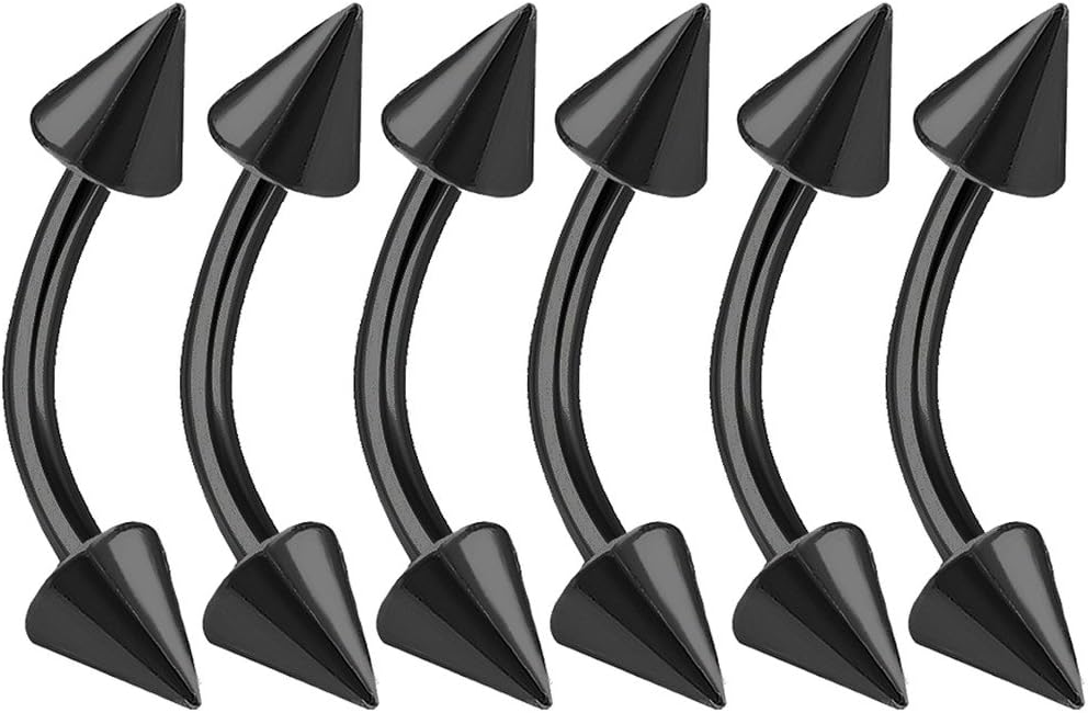 6pcs 16 Gカーブバーベルリップ軟骨トラガスEyebrow ForwardらせんConch Daithイヤリングブラック垂直ラブレットスパイクPickサイズ
