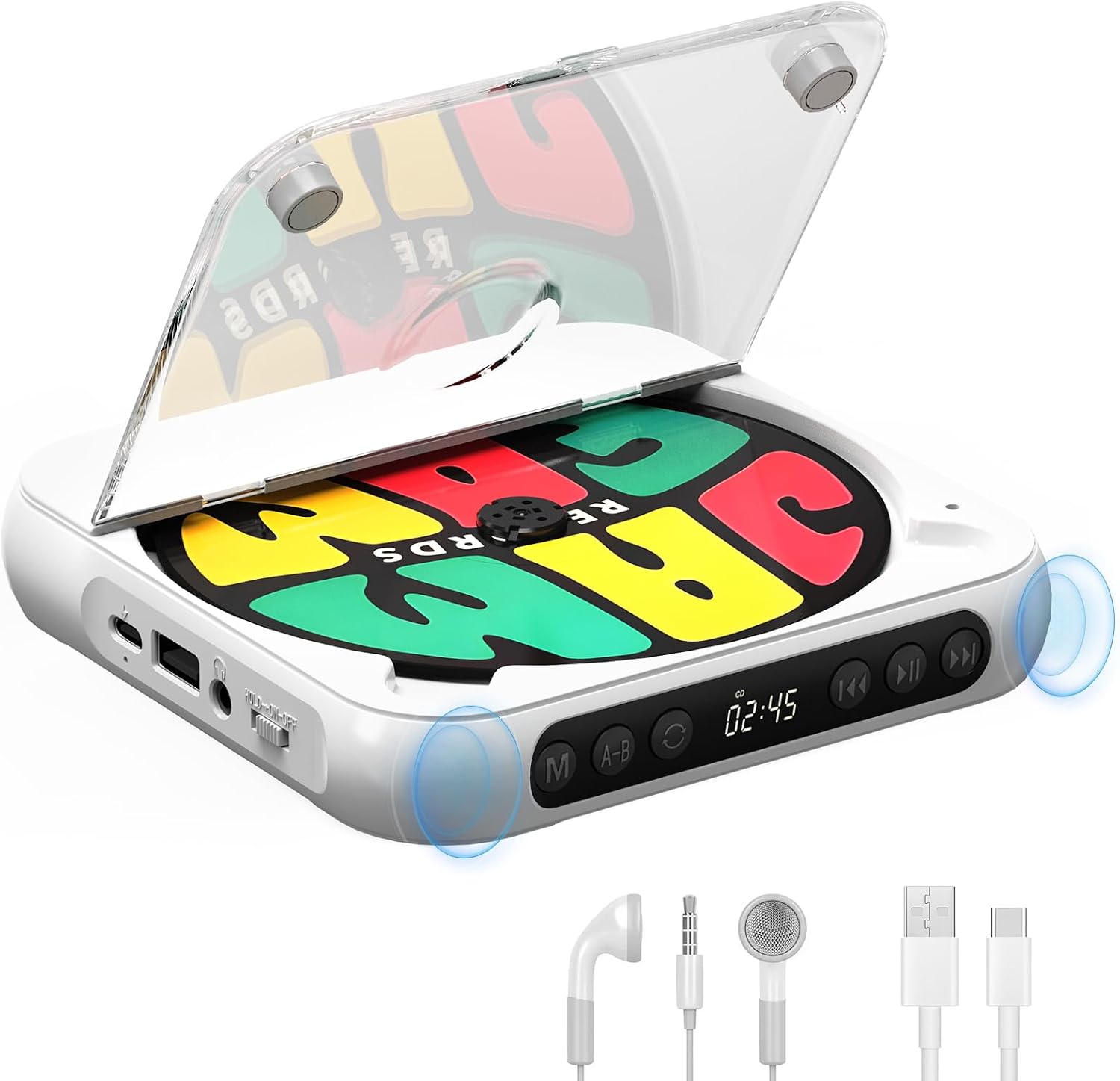 CD Player Portable with Built-in Speaker, Bluetooth Rechargeable CD Player for Home & Car, Personal Small Music Player Supports CDUSBAUX, Includes Headphones & Type-C Cable, White