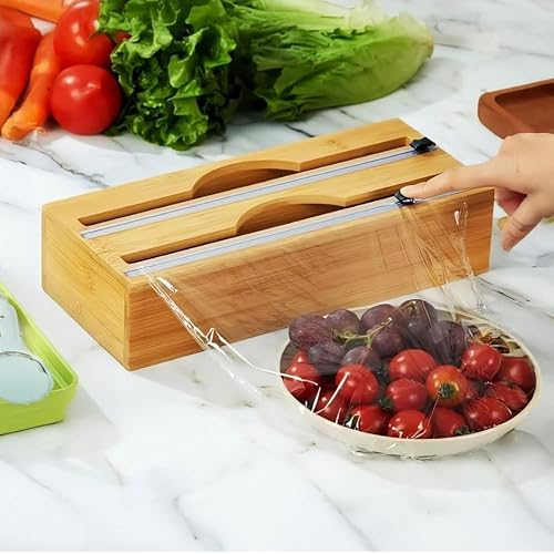 Deconox Bamboo Stretch Film and Foil Organizer with Slideable Cutter, 2 in 1 Kitchen Drawer Inside and Countertop Organizer, Aluminum Foil and Oil Paper Cutter Storage Box 35.5cm