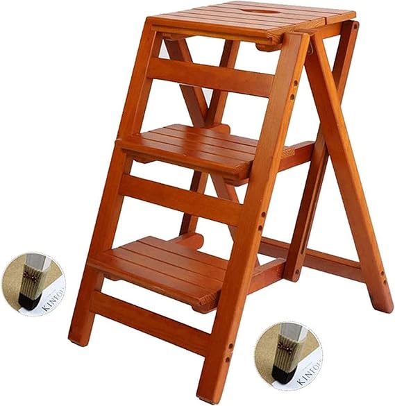Utility Multi-Functional Portable Ladder Chair Seat with Non-Slip Foot Cover, Step Ladder Multi Layer Folding Kitchen Wood Step Stools, Home Kitchen Bathroom Officeniture/Brown/3 Steps