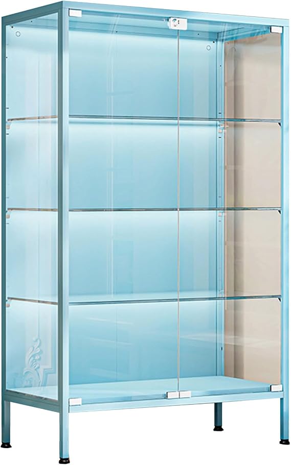 4-Tier Glass Display Cabinet, Tempered Glass Double Door, Curio Cabinet with LED Light, Adjustable Shelf, Household Blue, 80cm/31.5"