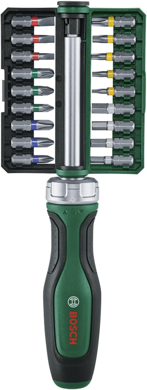 Bosch 19 parçalı cırcırlı tornavida seti, (36 Nm'ye kadar yüksek torklu cırcırlı tornavida; 36 dişli dişli; manyetik uç tutucu; 18 x uç S2 çelik; yumuşak sap; saklama klipsi)