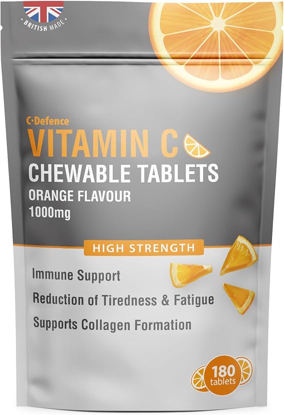 Vitamin C Chewable 180 Orange Tablets 1000mg, Supports Immune Health and Helps Fight Colds - Helps Reduce Tiredness and Fatigue