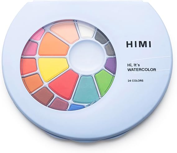 HIMI Solid Watercolour Set 24 Colours in Pans, Brush, Blue Case, Opens Like Makeup Palette, School Art, Teen Sketching, Bold Experiments, Watercolor Supplies Kit, Portable, Beginner Hobby, Gift