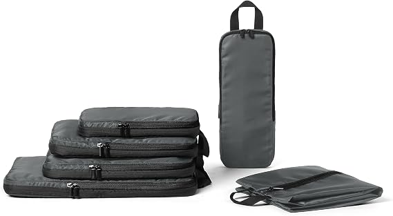 Amazon Essentials Ultralight Compression Packing Cubes, Recycled Fabric, 2 Zippers, 6-Pack, Grey, for Suitcases or Backpacks