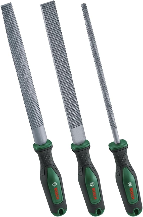 Bosch 3 parçalı törpü seti (sağlam ahşap törpü seti, düz, yarı yuvarlak ve yuvarlak rende dahil; sert karbon çelik; şaft uzunluğu 200 mm; orta kesim 2; yumuşak saplı ergonomik sap)