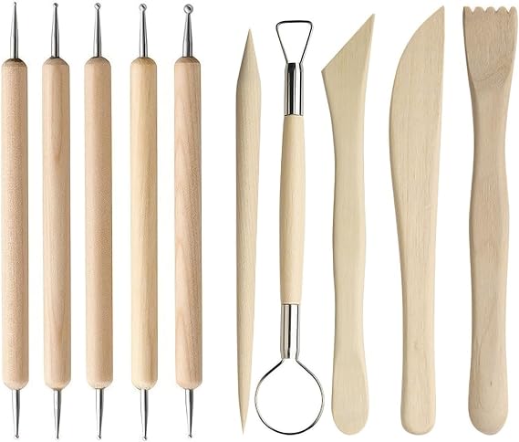 10 Pcs Clay Tools, Polymer Clay Tools, Wooden Modeling Sculpting Tool, Double Ended Stainless Steel Wooden Wax Modelling Tool, Sculpting Modelling Pottery Kit for DIY Art Crafts, Kids Pottery Kit