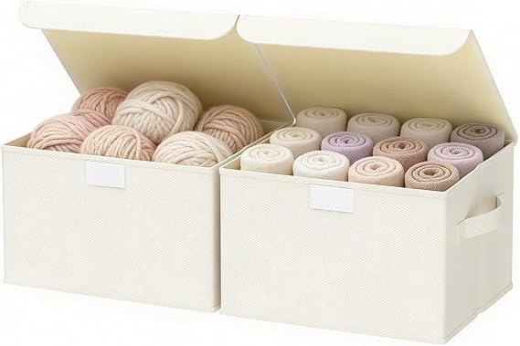 Storage Bin with Lid, Closet Boxes, 2 Pack, Beige, 26x20x17 cm