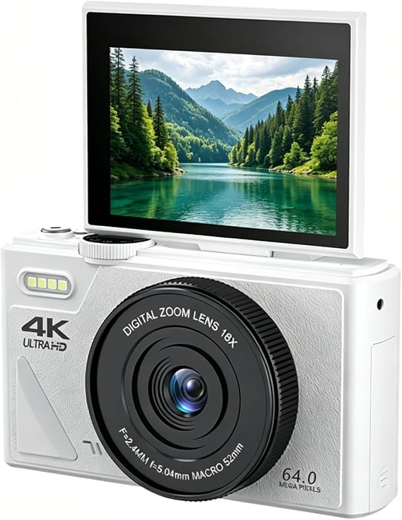 4kデジタルカメラ、3インチフリップスクリーン付き18倍ズームカメラ、64mp Uhdオートフォーカス レトロコンパクトデジタルカメラ旅行写真撮影ブログ用ホワイト