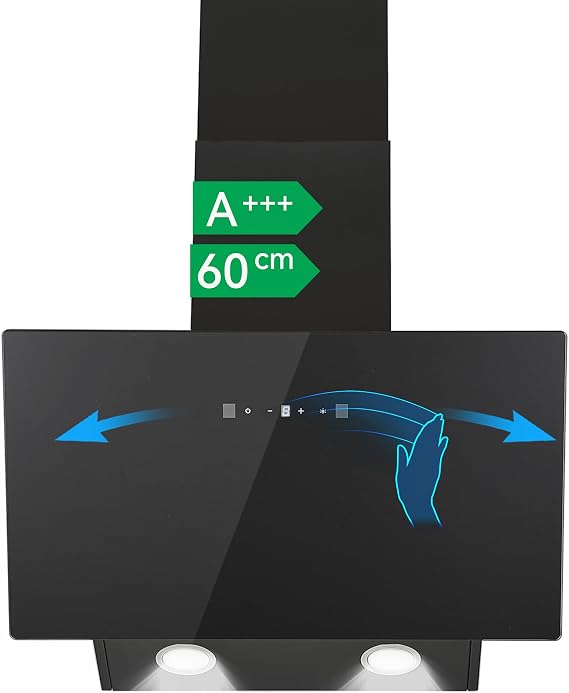 60 cm Cooker Hood A+++ Slanted Hood 416 m³/h 58 dB Quiet 3 Levels + Boost Touch & Gesture Control Extract/Recirculation Includes 2 x Activated Carbon Filters LED Black [Energy Class A++]