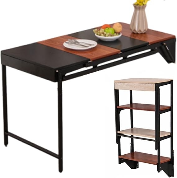 Wall-mounted folding table, can be transformed into a wall shelf, and can be used as a dining table, plant stand, or desk A