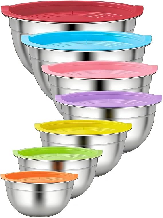 Mixing Bowls Set of 7 with Lids, Stainless Steel Nesting Salad Bowls