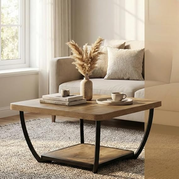 Tribesigns Coffee Table with Storage Shelves, 80cm Square Coffee Table 2-Tier Accent Center Table with Arc Metal Frame for Living Room, Brown & Black