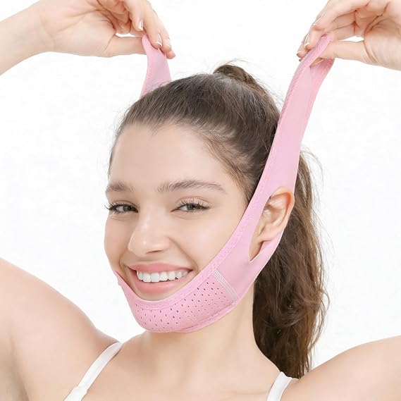 Adjustable V Line Chin Strap, Reusable Face Lifting Support Band with Hook & Loop Fastener, Breathable Jaw Support Wrap for Women & Men, Comfortable Day & Night Wear (Pink)