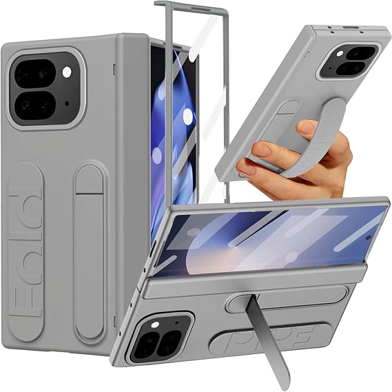 NINKI キックスタンドケース Google Pixel 10 Pro用 ストラップ&スクリーン保護付きフォールドフォンケース、ハードスリムスタンドカバー フィンガーバンド+ヒンジプロテクター付き Google Pixel Pro 10 フォールドフォンカバー メンズ グレー