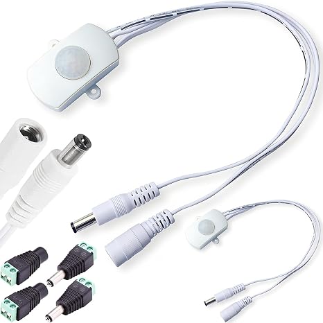 2 pcs PIR Motion Activated Sensor Switch DC 12v-24v 5A Occupancy Sensor Switch with Male and Female DC Power Connectors for LED Strip Light (Rectangle(Without Light Sensor), White)