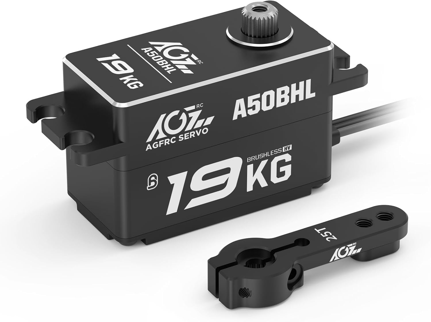 AGFRC 19KG Low-Profile Programmable RC-Steering-Servo - 0.073Sec High Speed Full Metal Gear Brushless Black Servo with 25T Metal Servo Horn for 1/10 RC Drift Car, Control Angle 180° (A50BHL)