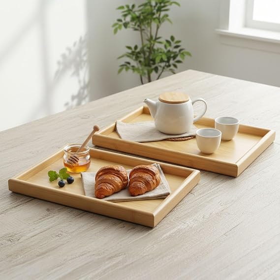 Deconox 2'li Ekonomik Ahşap Bambu Tepsi Seti - Çay Kahve Sunum ve Dekoratif Düzenleyici Tepsi (20x30 cm & 35x25 cm) - Doğal ve Kahve Renk Seçenekli (Doğal Bambu)