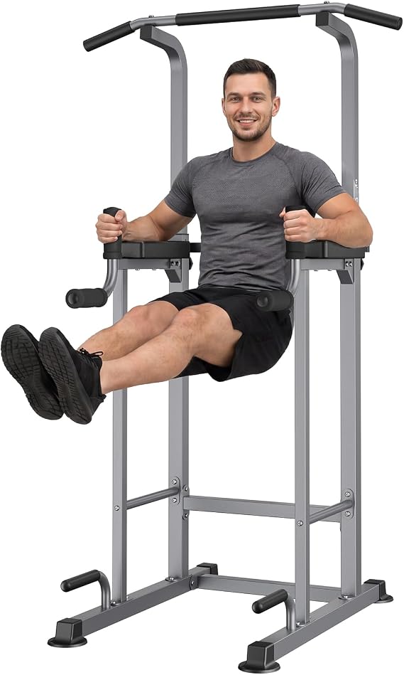 Multifunctional Power Tower Dip Station, Pull Up Bar for Pull-ups, Parallel Bar Dips, Reverse Rows, Leg Raises, Push-ups, 7 Levels Height Adjustable 330LBS Weight Capacity
