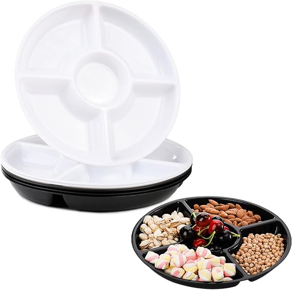 6 Pack Compartment Trays, 5 Sectional Reusable Plastic Serving Trays