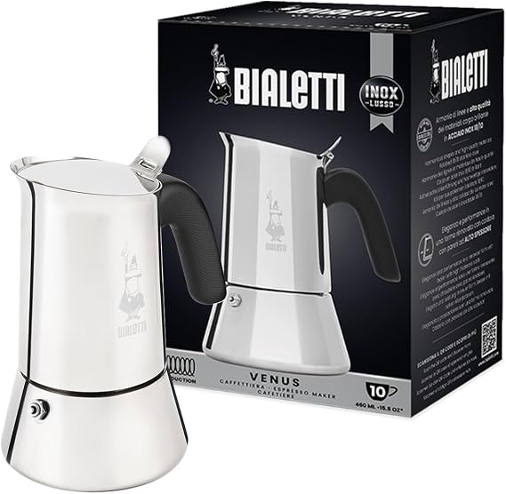 Bialetti - Venus: 10 Cups Ocak Üstü Espresso Pişirici - 460ml - Gümüş Renk - Paslanmaz Çelik Gövde - Patentli Güvenlik Valfi - Tüm Ocak Türleri İçin Uygundur (İndüksiyon Dahil) [Enerji Sınıfı A+]