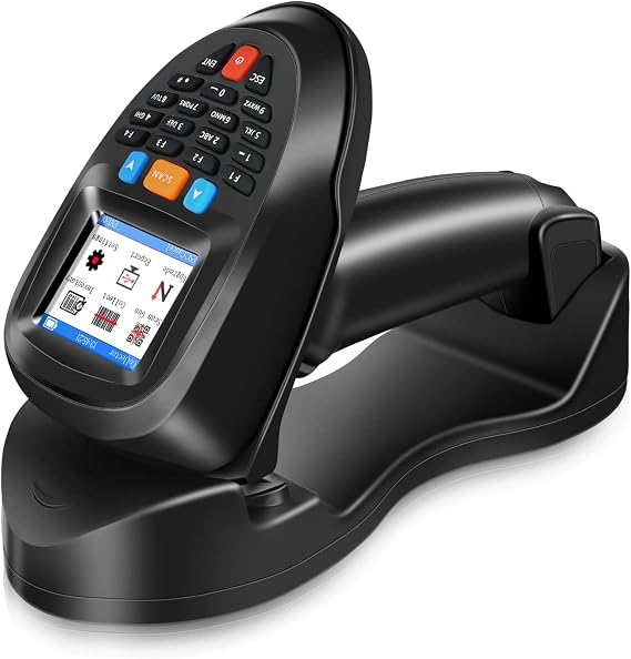 Wireless Barcode Scanner Portable Barcode Reader 1D 2D PDF Inventory Scanner Data Collector Handheld Barcode Scanner with 2.2 Inch LCD Screen and Charging Station