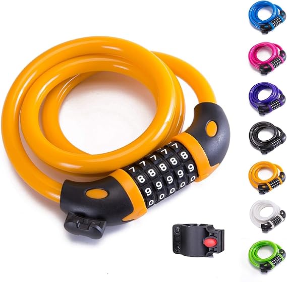 5 Digit Combination Resettable Bicycle Lock - 12mm x 120cm Steel Wire Chain, Cycle Chain, Fence, Gates, Door, Rails, Shed, Mounting Bracket, Sport Gear, Anti-Theft Bike Accessory - Yellow
