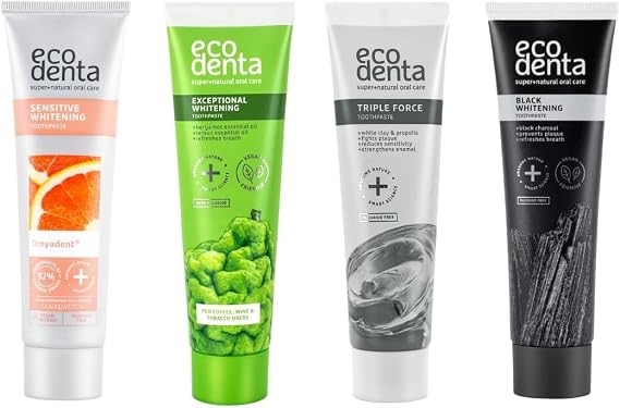 Ecodenta Expert Toothpaste Multipack - Activated Charcoal, Exceptional Tooth Whitening with Bergamot, Sensitive Toothpaste Whitening with Omyadent, Triple Force - 4x100ml