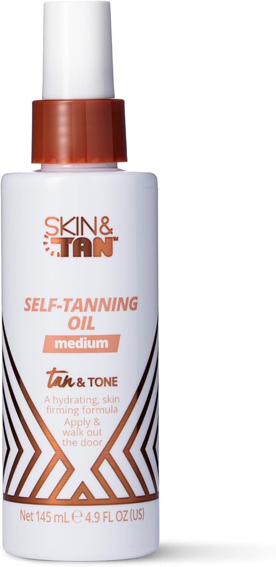 SKIN & TAN Tan & Tone Self Tanning Oil Medium - Hydrating, Firming, No-Rinse Formula for Golden Bronze - Streak-Free Application 145ml