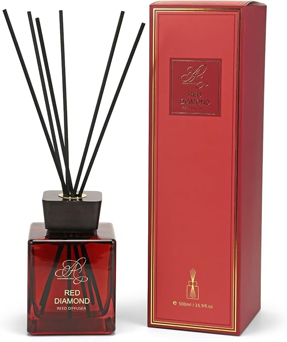 Luxury Reed Diffuser 500ml, Red Diamond Room Diffusers, Long Lasting Air Fresheners Home Fragrance, Square Glass Bottle with Black Diffuser Reeds for Home, Office, Kitchen & Bathroom