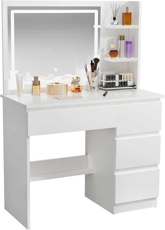 Dressing Table with LED Mirror and Adjustable Lights，80cm White Vanity Desk