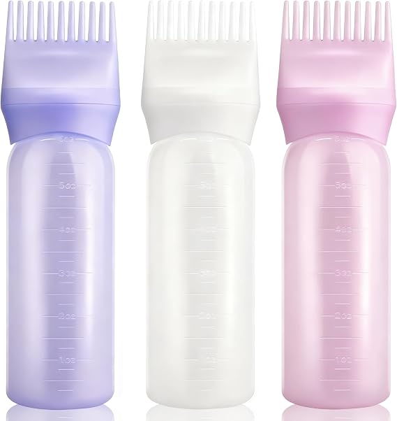 3 PCS 170ml Root Comb Applicator Bottles with Graduated Scale, Soft Pliable Hair Oil Applicators Dye Brush Applicator Bottle for Hair Oiling Applying Massaging Coloring (3 Colors)