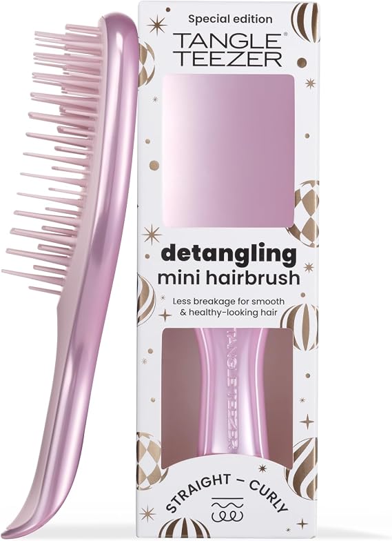Tangle Teezer Mini Ultimate Detangler Chrome Saç Açıcı Fırça Islak ve Kuru Saçlar İçin Satin Pink Patentli Çift Katmanlı Diş Teknolojisi Seyahat Boyu