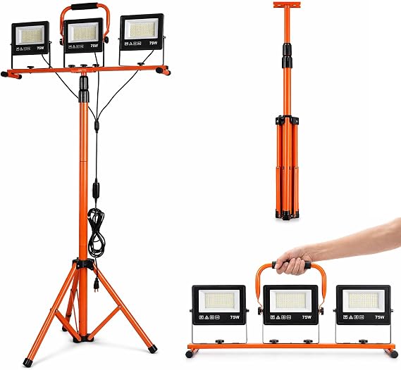 LED Construction Spotlight with Tripod 3 × 75 W 30000 LM IP66 Construction Light Construction Site Lamp 5 m Cable Height Adjustable 98-200 cm Foldable Work Light with 360° Rotation for [Energy Class E]