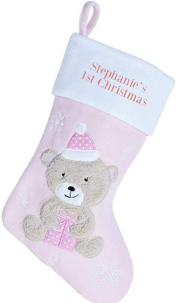 Personalised Baby's 1st Christmas Bear Stocking Embroidered with Name Sentimental Keepsake Gift Baby Blue Xmas Stocking Baby Pink Luxury Christmas Decoration (Teddy with Present, Baby Pink)