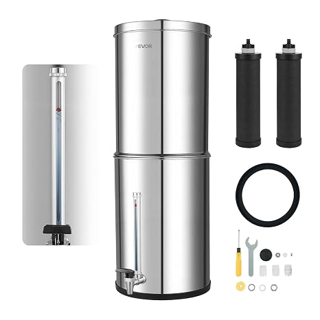 VEVOR Gravity Powered Water Filtration System, 3g 304 Stainless Steel, Reduces Lead and Up to 99% Chlorine, with 2 Carbon Filters, Water Level Tap for Home and