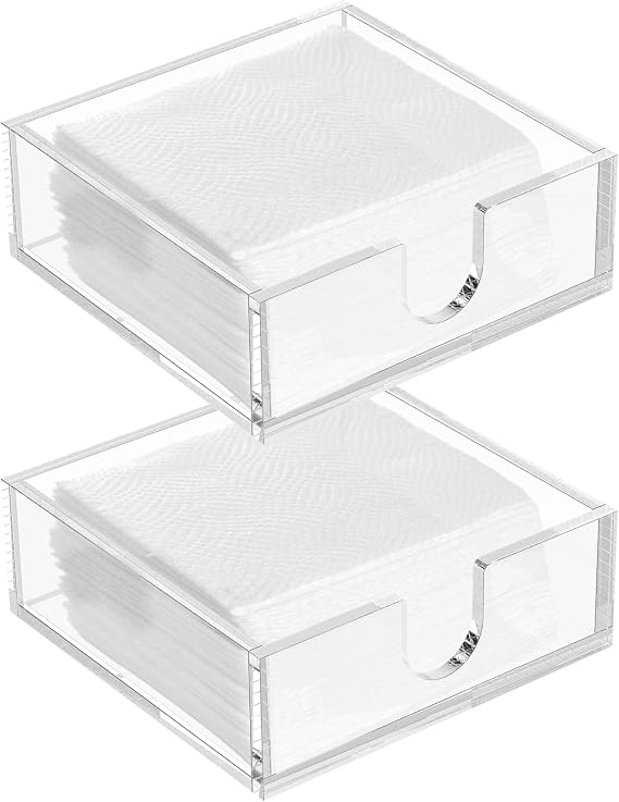 2Pcs Napkin Holder Clear Acrylic Paper Napkin Organizer 14x14x5cm Square Cocktail Napkin Box Decorative Counter Top Accessories Storage Tray for Table Kitchen Bathroom Dinning Room Party