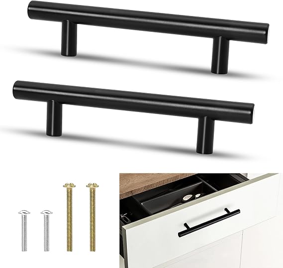 10 Pack Kitchen Cupboard Handles, 96mm Hole Center Black T Bar Cabinet Door Pulls, Stainless Steel Wardrobe Drawer Handles, Kitchen Door Handle Pulls with Screws for Cupboard, Dresser, Chest