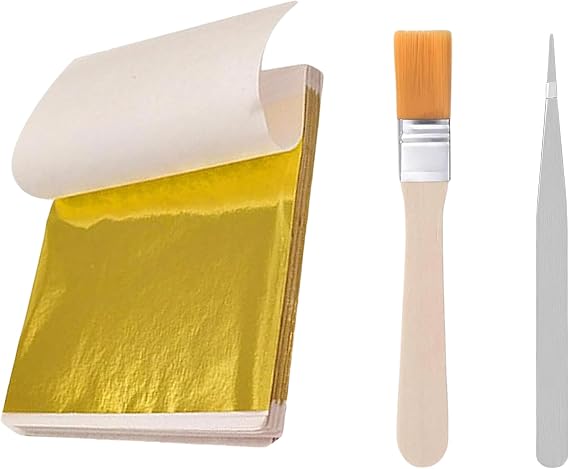 100 Sheets Premium Gold Leaf Kit - Gold Leaf for Cakes Gold Foil Sheets with Brush & Tweezer for Gilding, Crafts, Furniture Decor and DIY Projects
