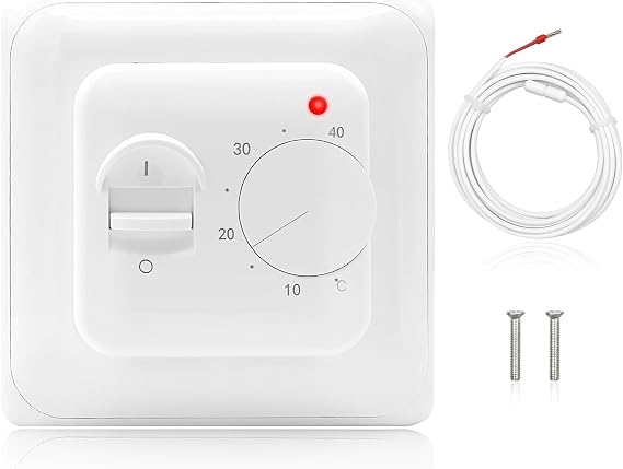 Manual Underfloor Heating Thermostat 230V 16A Electric Underfloor Heating Controller with Floor Sensor Probe Mechanical Room Thermostat Temperature Controller for Room Floor Thermostats, White
