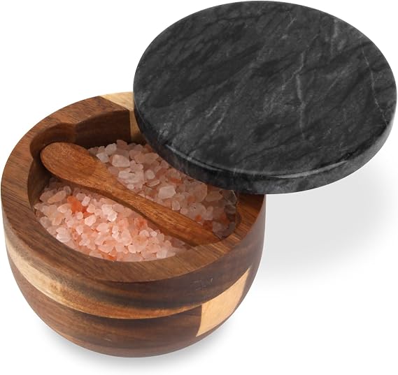 Wood Salt Cellar Box with Lid & Spoon, Black Marble Lid