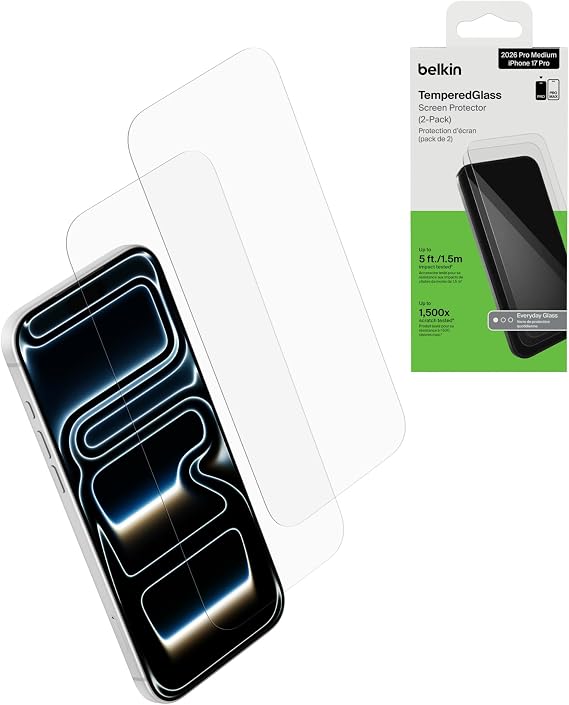 Belkin TemperedGlass Ekran Koruyucu, iPhone 18 Pro/17 Pro için, 2’li Paket