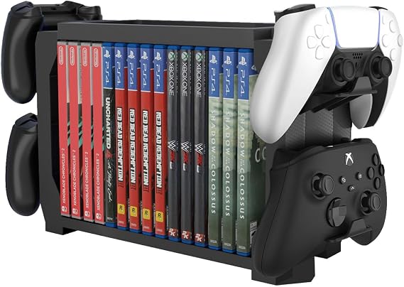 TNP Games Storage Tower (Up to 15 CD Disc) for PS5 Game Disk Rack and Controller Stand Holder for Xbox Series X/Nintendo Switch/PS4 Controller Stand Holder Can Hold up to 4 Controller