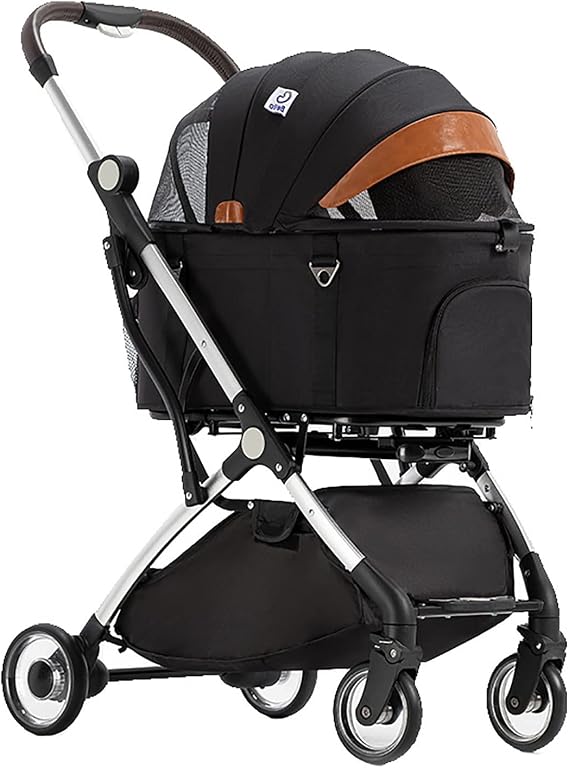Pet Stroller Separable 4-Wheel for Cat/Dog One-Hand Folding Universal Wheel Storage Basket Tray Seat Belt with Link Brake Black