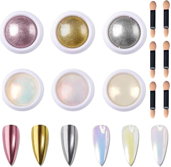6 Colors Chrome Nail Powder Set - Mermaid Pearl, Rose Gold, Silver - Mirror Effect Chrome Powders for Iridescent Nail Art - Glazed Donut Finish