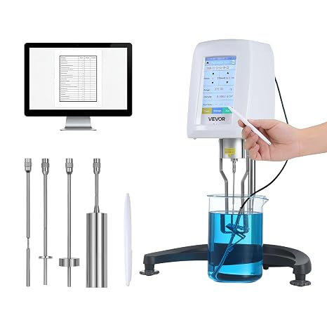 VEVOR Digital Rotary Viscometer, 10-6,000,000 mPa.s(cP), ±1% Accuracy, 100-240V Digital Rotational Viscosity Meter with 4 Rotors and Temperature Probe, Touch Screen, Lab Viscometer for Fluid Testing
