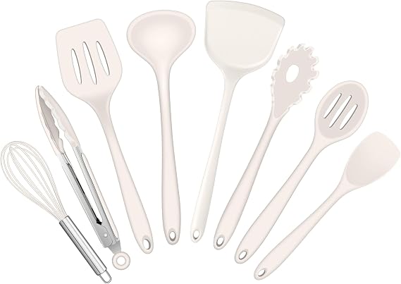 HaWare Kitchen Utensil Set 8 Pieces Silicone Kitchen Utensils Cooking Utensils Heat Resistant Cookware Cooking Cutlery Set for Cooking Baking Healthy and Non-Stick Dishwasher Safe - Khaki